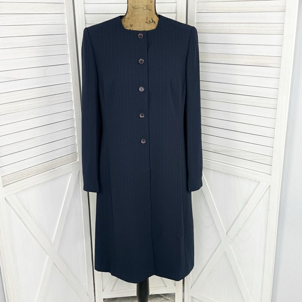 Dress Barn Pinstripe Long Line Blazer Jacket Blue Tan 10 Suit Coat